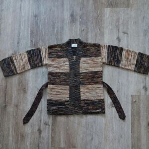 vintage 70s Pandora knit cardigan womens medium tie waist brown melange stripe